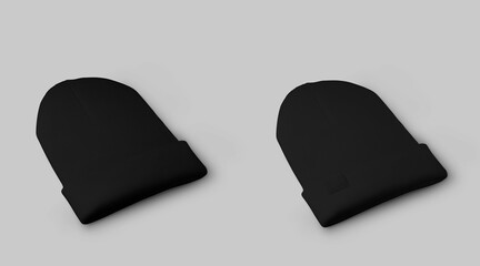 Black winter beanie mockup isolated on white background. Set