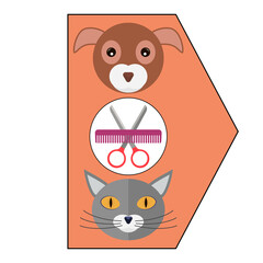 Grooming logo design template. Dog, cat and comb with scissors. Vector clipart and drawing. Isolated illustration on white background.
