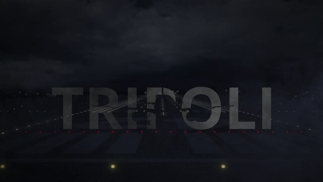 Plane taking off from the airport and TRIPOLI city name. 3d animation