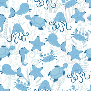 Seamless cute blue crab pattern, cartoon hand drawn animal doodles. Vector illustration background. Funny crabs with waves.