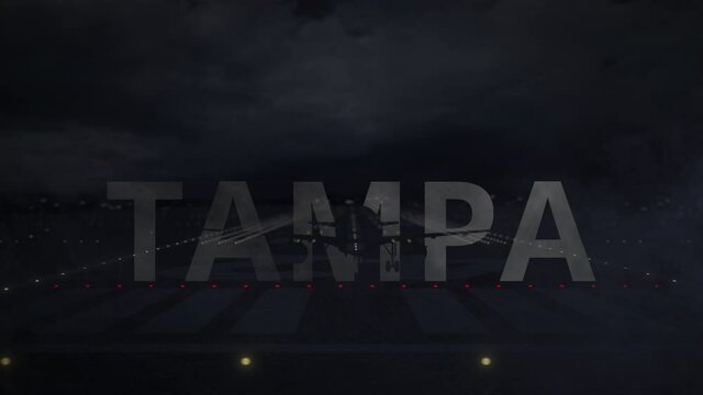 Airliner taking off from the airport runway and TAMPA city name, 3d animation