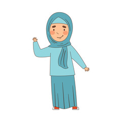 Muslim Emoji Girl Waving Hand as Friendly Greeting Vector Illustration