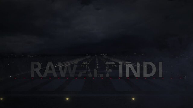 Airplane taking off from the airport with RAWALPINDI city name, 3d animation