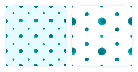 Vector Watercolor Polka. Seamless Circle Texture. Blue Paint Brush Background. Watercolor Polka Fabric. Pastel Art Dots. Modern Cute Repeat. Geometric Spot Print. Abstract Watercolor Polka.