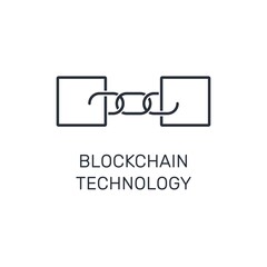 Blockchain  blocks connected with chain links. Vector linear icon isolated on white background.