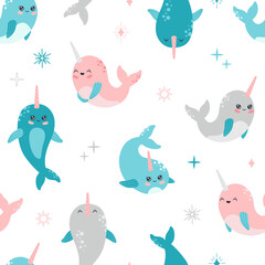 Kawaii smiling narwhal seamless pattern, cute baby whale. Marine life, wild ocean animal with horn in pastel color, modern trendy vector flat cartoon illustration in Scandinavian style for baby shower © Alice