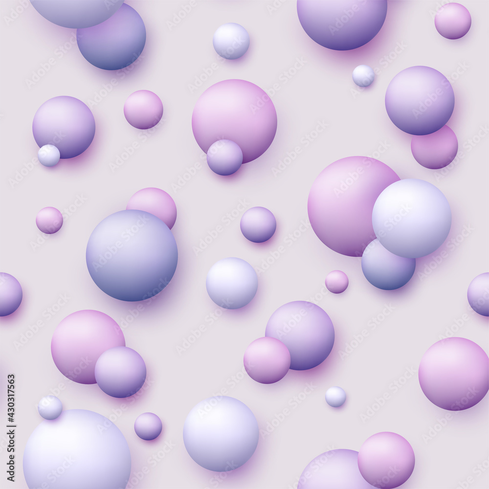 Poster Vector dynamic background with colorful realistic 3d balls. Round sphere in pearls pastel colors on backdrop. Powder balls, foundation, powder, blush, meteorites.
