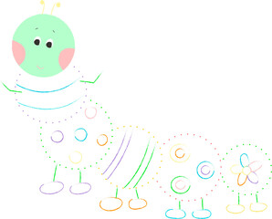 Coloring book with a picture of a cute cartoon caterpillar in color for preschool children to connect dot to dot and color. Vector illustration