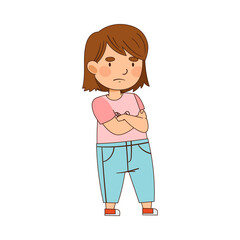 Cute Girl with Grumpy Face Standing with Crossed Arms Vector Illustration