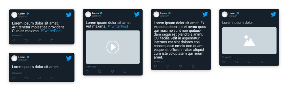 Realistic Twitter posts templates collection. Isolated twitter tweet on white background. Ediatble text, profil picture. Ui dark mode elements, vector design illustration.