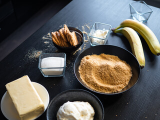 Cooking Banoffi cake at home in the kitchen, pastry recipe.