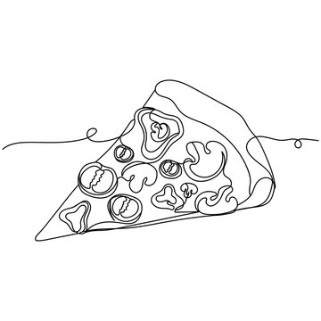 Continuous one line of pizza slice in silhouette. Minimal style. Perfect for cards, party invitations, posters, stickers, clothing. Fast food italiano concept