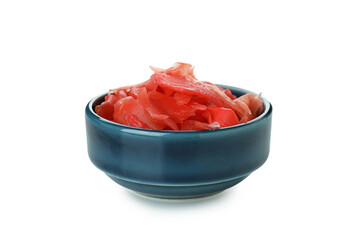 Bowl with red pickled ginger isolated on white background
