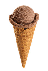 Chocolate ice cream scoops in cone isolated on white background.