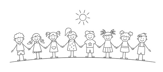 Funny kids holding hands. Happy doodle children. Friendship concept. Vector illustration in hand drawn style on white background