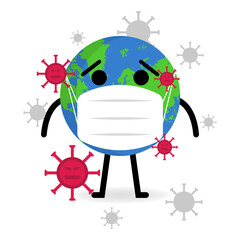 Cartoon Character Vector Illustration of earth using medical mask fight against corona virus.