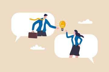 Business communication, work discussion or conversation to gathering new idea concept, business people, colleague standing on speech bubble talking about new ideas.