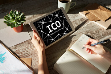 ICO - Initial coin offering. Blockchain and financial technology concept