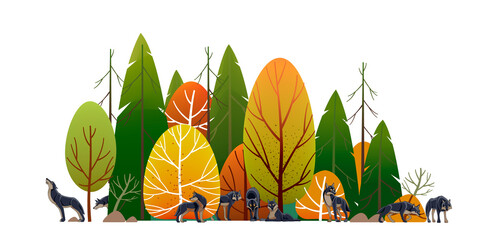 Wolf pack in the forest. Timber wolves hunt. Landscape, Green trees park, alley and foliage in summer with animals. Row of trees and shrubs. Cartoon vector illustration isolated on white background