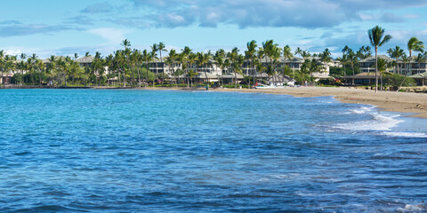 View of the coast of the small ocean bay with resort houses among palm trees in Hawaii.