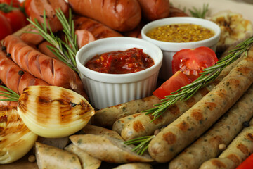 Grilled sausages, vegetables and sauces, close up