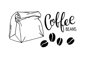 Environmentally friendly paper bag with coffee beans and Coffee beans calligraphy lettering. Set of coffee isolated on white background. Group of beans, caffeine symbol. Vector sketch illustration.