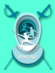 Paper cut fencing swords, mask, fencer athlete silhouettes, vector illustration. Fencing sport duel tournament training.
