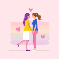 Two women holding hands on romantic date. Homosexual lover concept.