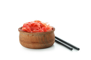 Bowl with red pickled ginger isolated on white background