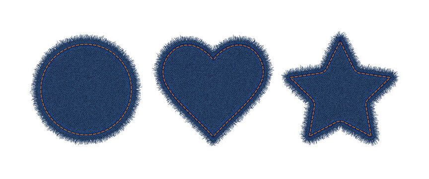 Denim circle, heart and star shapes with stitches. Torn jean patch with seam. Vector realistic illustration on white background.