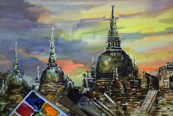  Watercolor painting art class , temple from thailand  ,  Palette , paintbrush , ayutthaya...