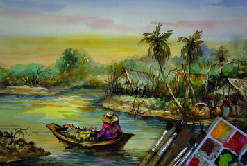 Fototapeta na wymiar Watercolor painting art class , Floating market Thai land , Palette , paintbrush
