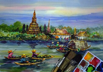 Watercolor painting art class ,    Floating market Thai land  ,  Palette , paintbrush