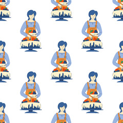 Seamless pattern. Woman cook decorates cake with berries. Background for birthday decoration, invitations, fabrics. Design for confectionery and bakery. Vector illustration