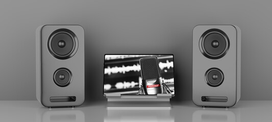 Audio speakers and digital tablet. Podcast concept