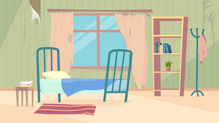 Old dirty room interior, banner in flat cartoon design. Abandoned apartment inside with bed, bedside table, window with damaged curtains, bookshelf and decor. Vector illustration of web background © DesignSells