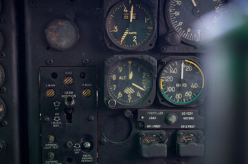 Close up of old vintage  airplane cockpit Flight Deck control panel