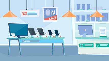 Gadget shop interior, banner in flat cartoon design. Table with monitor, smartphones and tablets, showcase of electronics store, cash desk, discount offers. Vector illustration of web background