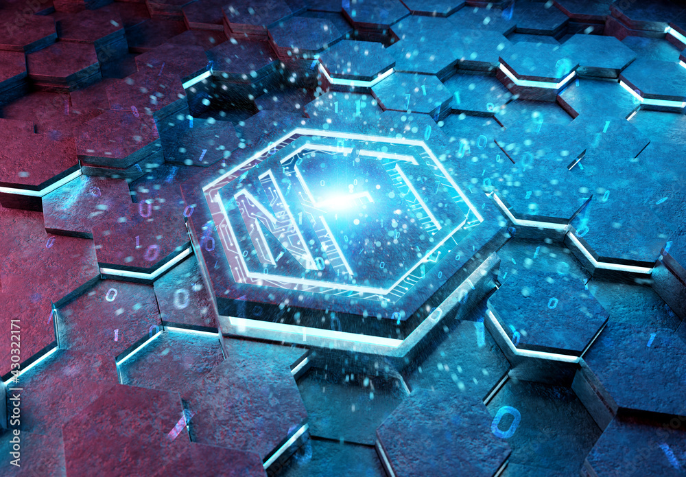 Poster NFT nonfungible tokens concept on hexagonal background. NFT Logo on abstract digital surface. 3d rendering