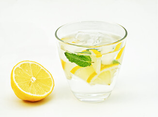 Chilled mint lemonade, cooling detox, white background