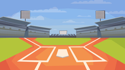 Baseball stadium view, banner in flat cartoon design. Sports center field for game, base, spotlights, stands with seats for spectators. Competitions concept. Vector illustration of web background