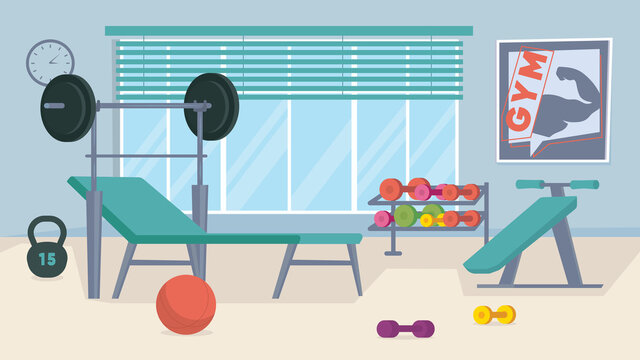 Gym interior, banner in flat cartoon design. Sports center with machines, barbell, dumbbells, ball. Healthy lifestyle, workout, weightlifting and fitness concept. Vector illustration of web background