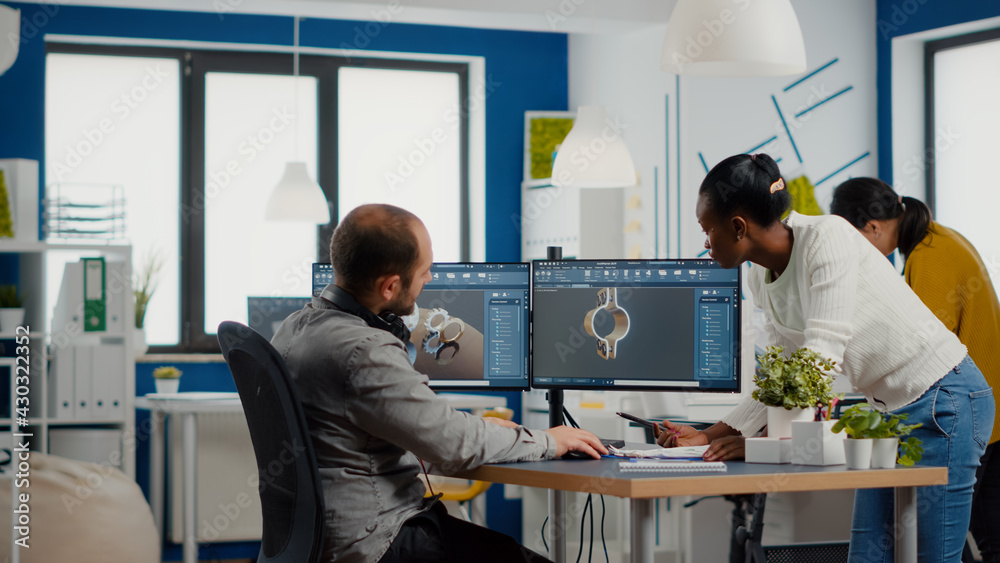 Poster professional heavy industry team of engineers working on computer with two monitors using cad softwa