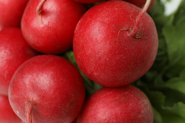 Fototapeta na wymiar Fresh red radish on whole background, close up