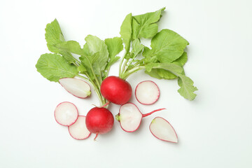 Fresh red radish on white background, top view