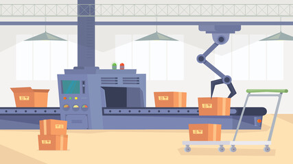 Production line at factory interior, banner in flat cartoon design. Conveyor automatic assembly line with cardboard boxes and robotic hand. Industrial innovation. Vector illustration of web background