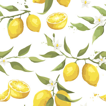 Summer pattern with lemon branch. Background with citrus fruits, vector illustration, print.	