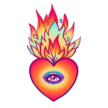 Sacred heart with eye and burning flame. Traditional Mexican heart. Hand drawn colored trendy vector illustration isolated.