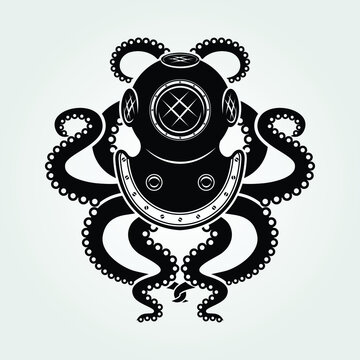 Diver helmet with octopus tentacles isolated on white background. Vector illustration