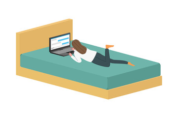 ベッドでパソコンをしている女性のイラスト